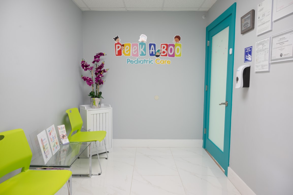 The reception and waiting area at the Peek A Boo Pediatric Care center in Hollywood, Florida